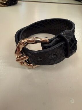 Elaine Turner Black Snake-Embossed Leather wrap bracelet with Gold Bamboo Buckle